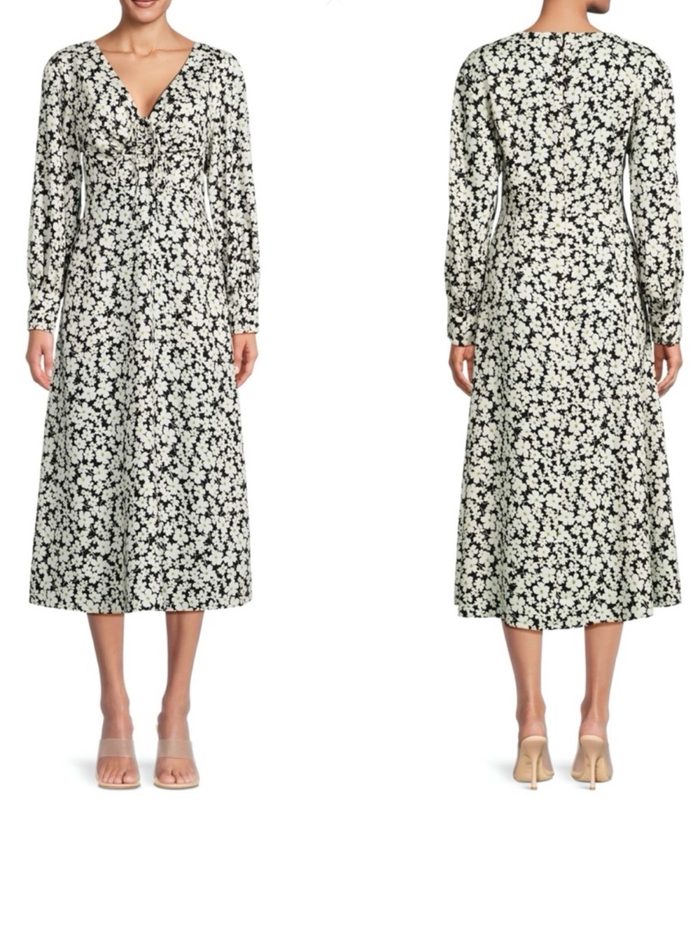 Rebecca Taylor Paige Fleur Long-Sleeve V-Neck Midi Dress Size 8